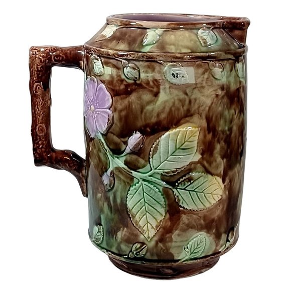 Antique French 19th Cent French Barbotine Majolica Pottery Water Pitcher Vintage - Picture 5 of 13